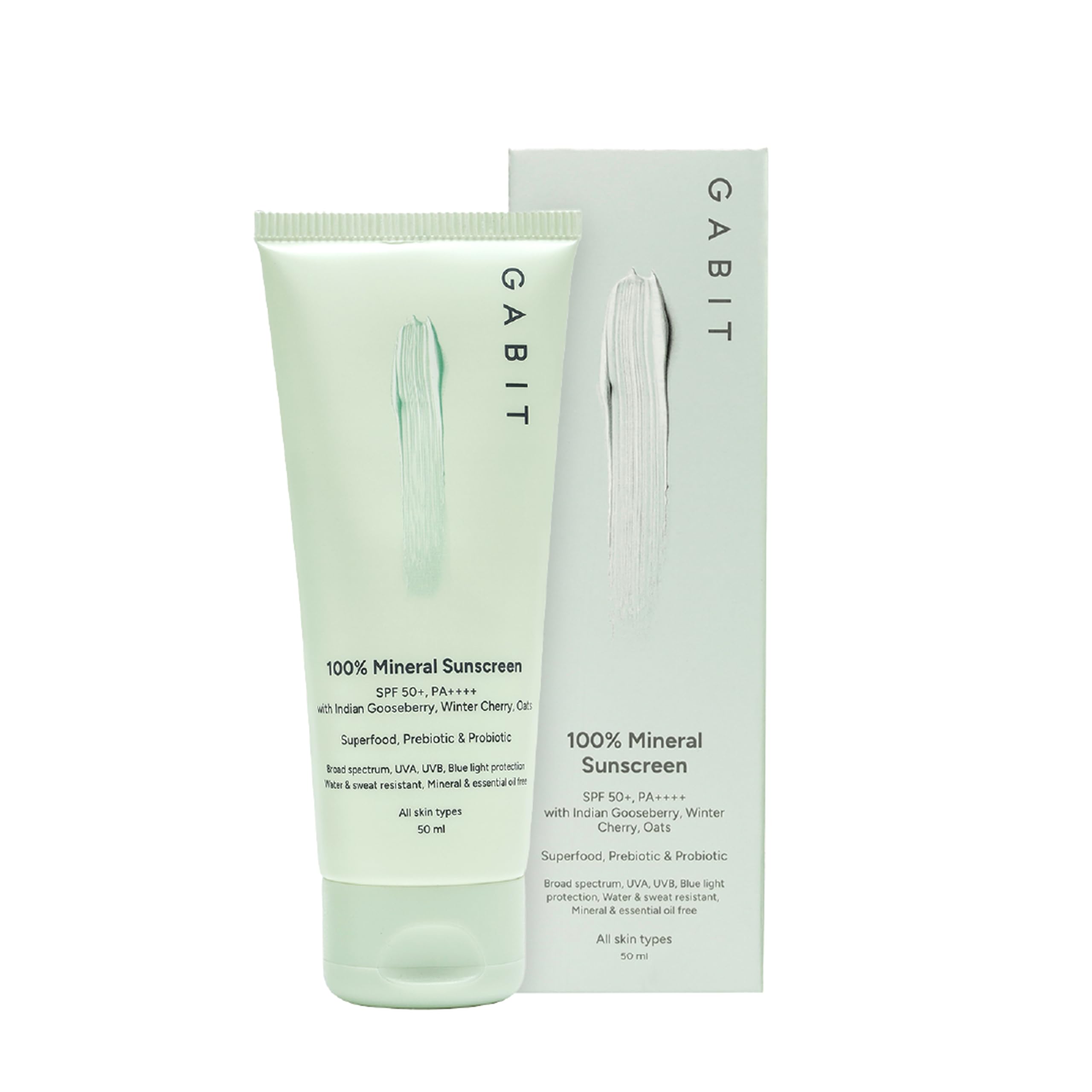Gabit 100% Mineral Sunscreen SPF 50 PA++++ | Water & Sweat Resistant, UVA/B & Blue Light Protection | No White Cast | Vit E, Gooseberry, Winter Cherry | Normal, Oily, Dry Skin Types | Oil free |50ml