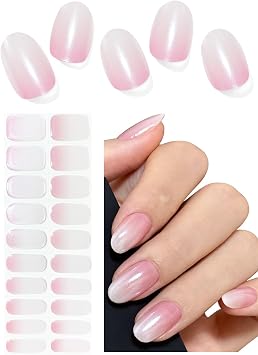 Semi Cured Gel Nail Strips, Glazed Pink Gradient 20pcs Adhesive UV Sticker, Wraps for Home Manicure DIY