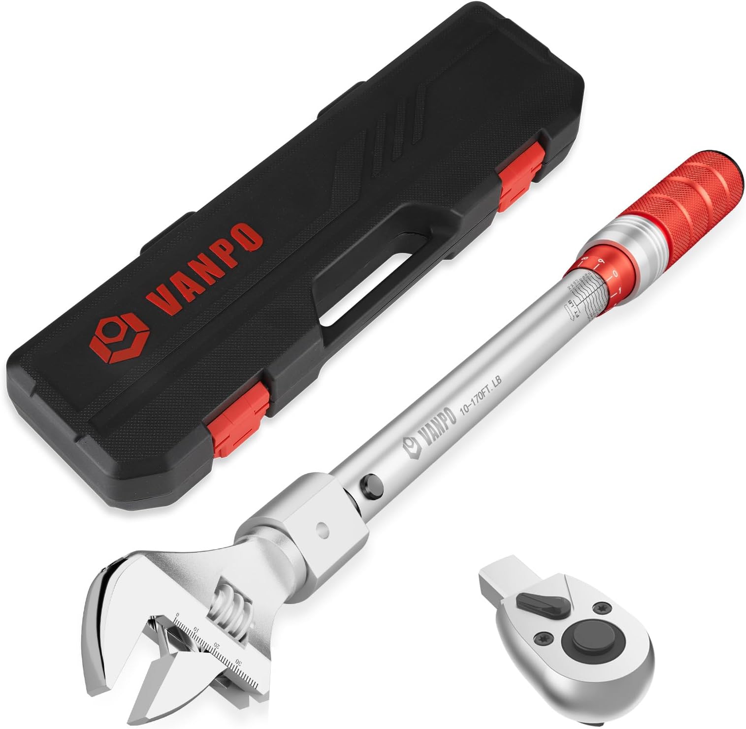 VANPO 1/2 Inch Drive Adjustable Torque Wrench, 10-170 Ft.Lb/13.6-230.5 Nm, 38MM Open End Torque Wrench with Interchangeable Jaw & Ratchet Head for HVAC, Car, Moto, Heat Pump Piping