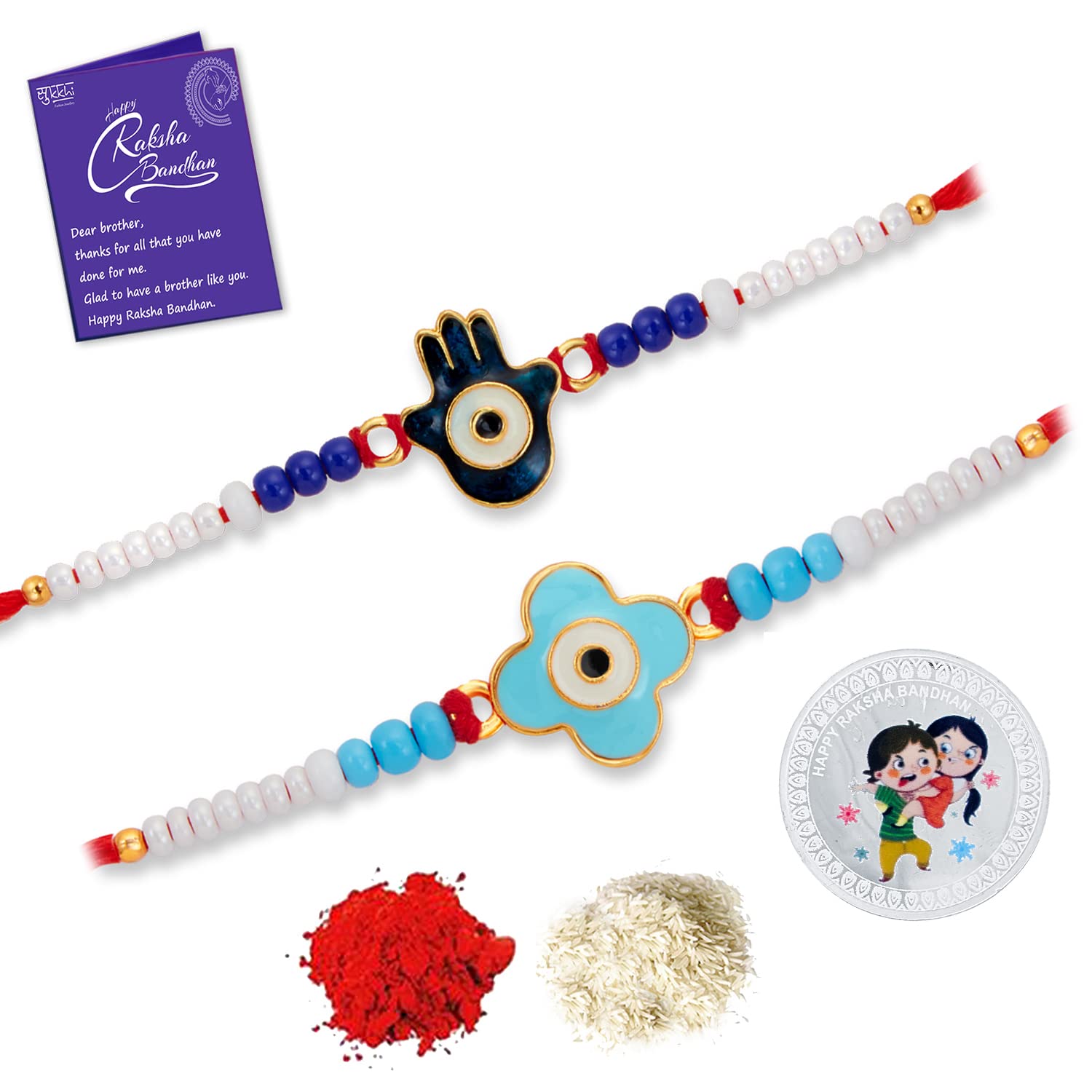 Sukkhi Rakhi Gold Plated Evil Eye Meenakari Rakhis Set of 2 & 1 Gram 999 Pure Silver Coin Combo, Roli Chawal and Rakhi Greeting Card|Rakhi for MEN|Silver Coin|Rakhi Combo-Pack of 2|CBMIX104559 (B0B5LS3PT4) Amazon Price History, Amazon Price Tracker