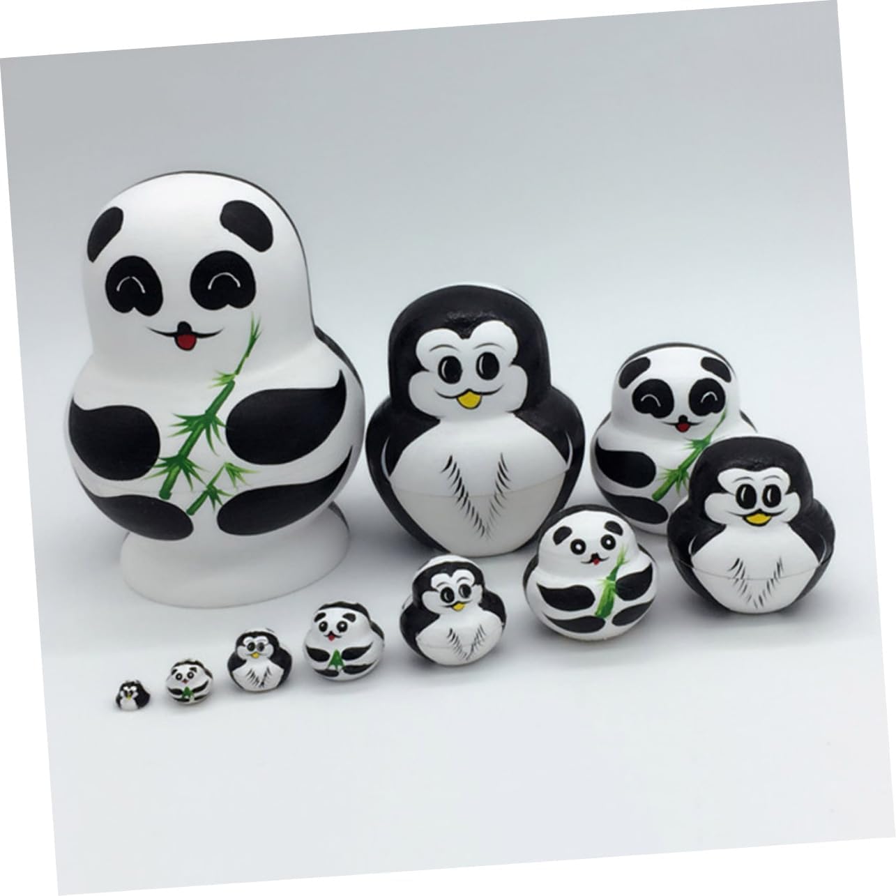 ABOCIDEGE Russian Nesting Dolls, Wood Matryoshka Stacking Set of 10，Double-sided Panda Penguin Nesting Toys Wooden Bamboo Decoration