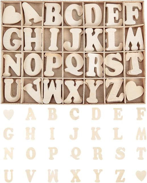 PandaHall 112pcs Wooden Letters and Heart Set- Small Wooden Capital Letters with Storage Tray - Wooden Alphabet Craft Letters Smooth Natural Wooden for Arts Crafts DIY Wedding Display Decor