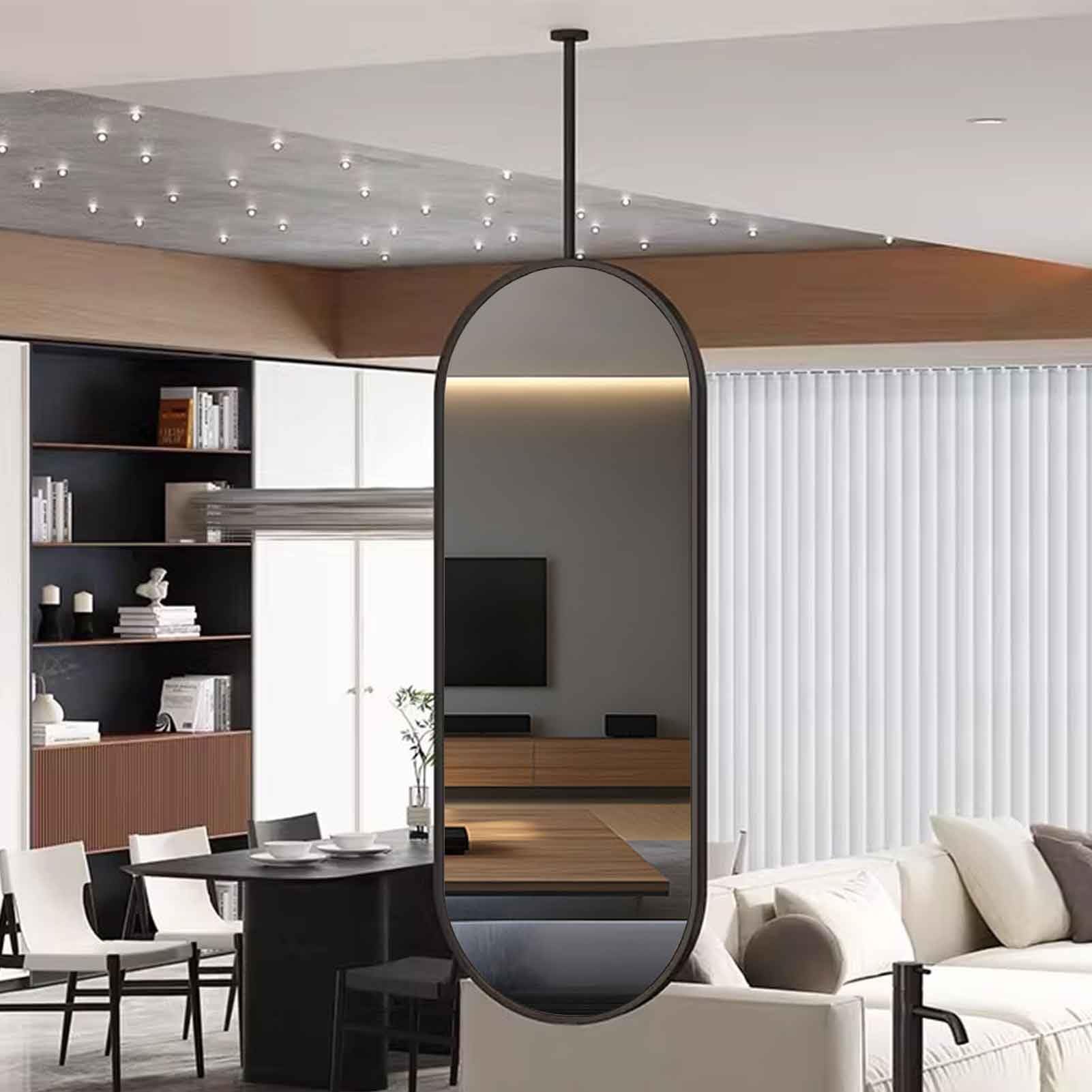 FGXHHS Black Oval Mirror Ceiling Mounted, Vertical Hanging Metal Floating Pole for Living Room, Bedroom, Entryway(50cmx70cm)