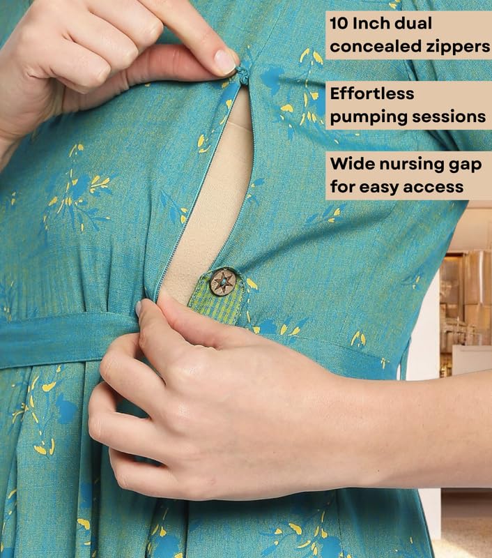 Image of DUMMY SHAPE Maternity Dresses for Women Cotton Rayon | Turquoise Printed Feeding Flare Kurta with Nursing Zippers to Breastfeeding | Pre & Post Pregnancy | Gift for Pregnant Woman (D-M-P049-XXXL)