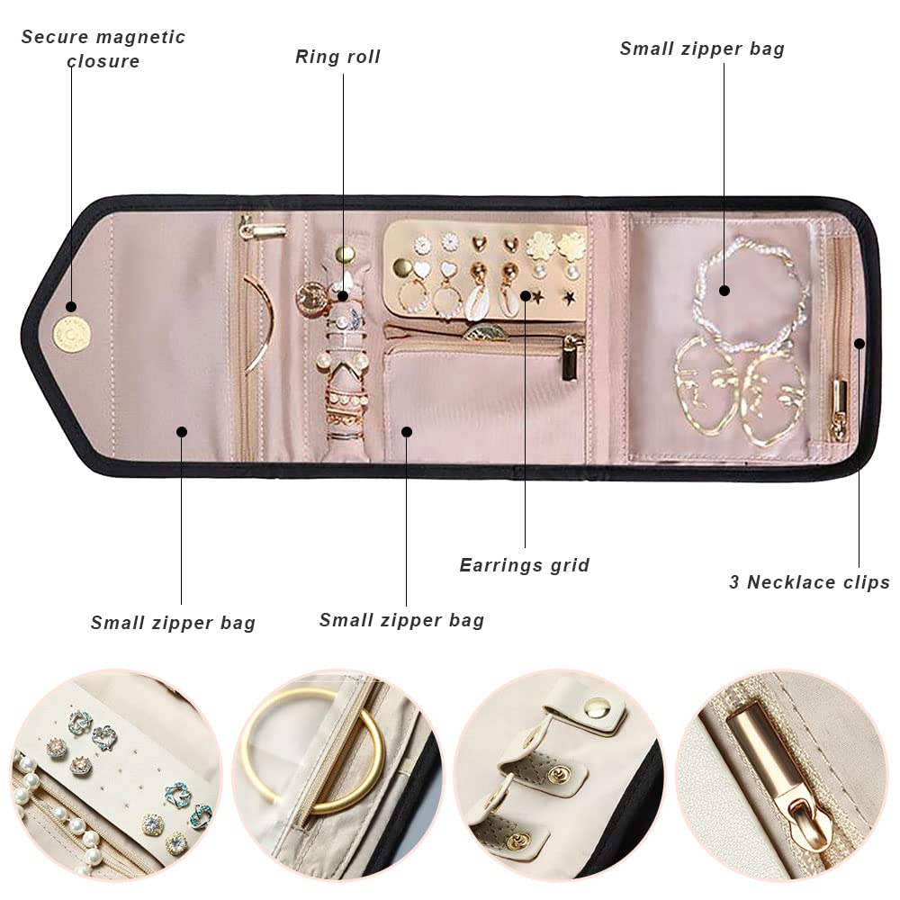 Organiseur Bijoux Voyage Rose - Rouleau Pliable Léger Pour Colliers, Boucles D'Oreilles Et Accessoires