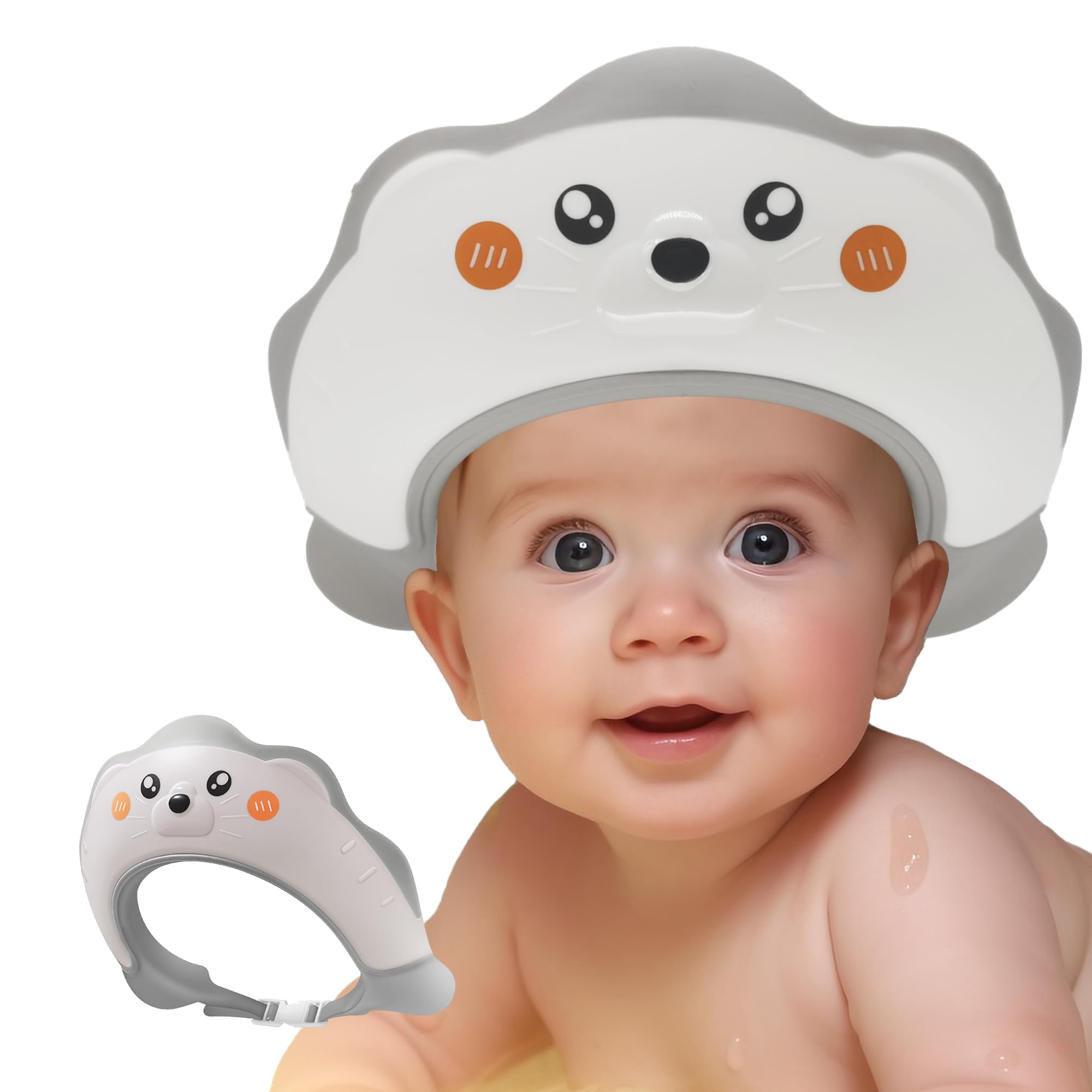 Gorro de ducha para bebé, gorro de ducha con visera para niños, protección para ojos y oídos para niños de 0 a 9 años, con forma de león marino que hace que el baño del bebé sea más divertido, color blanco