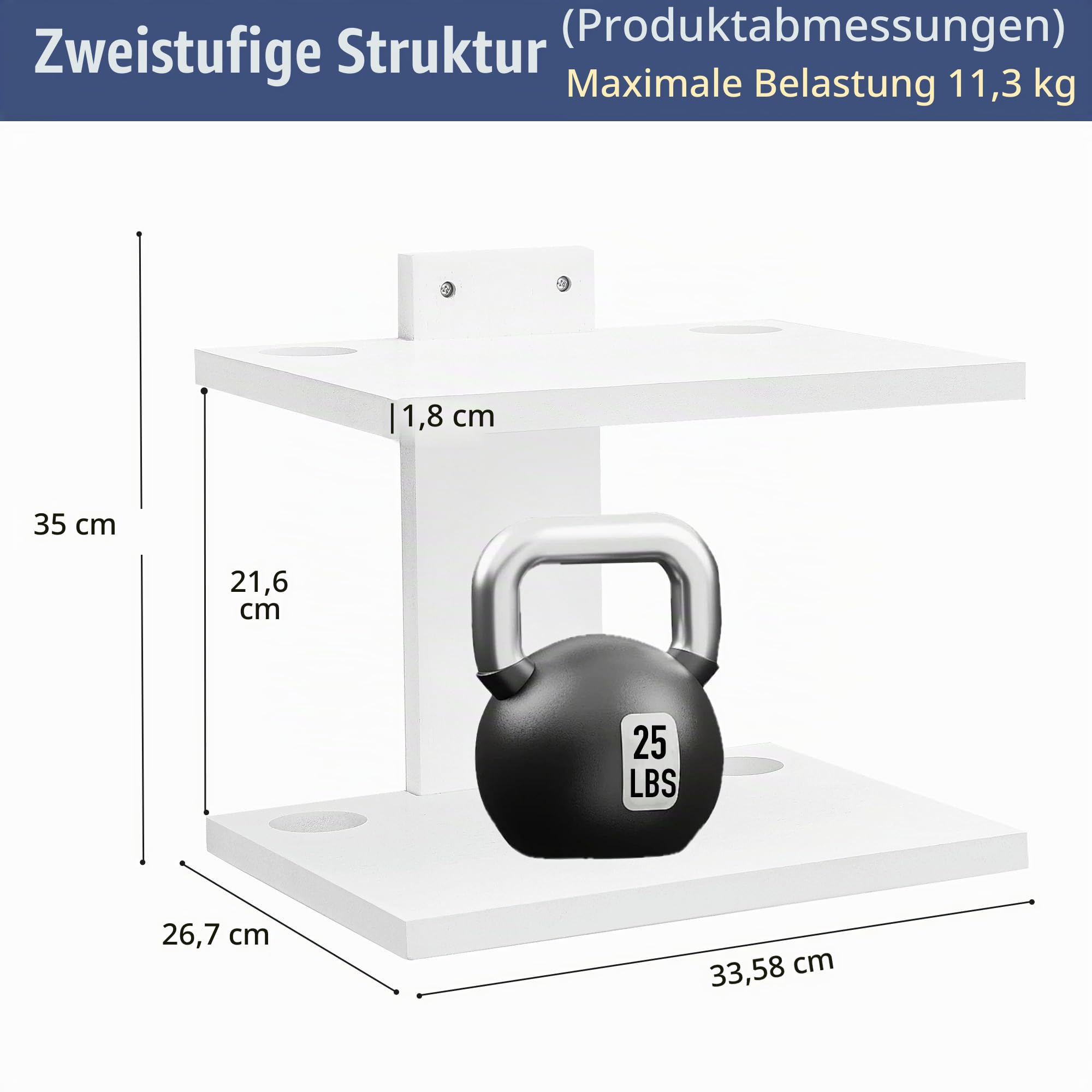Schwebende Projektor-Wandhalterung TV-Regal, Holz Wand montiert unter TV schwebenden Regal für Projektor, PS5, DVD-Player, Spielkonsole, Kabel-Box, 2Tiers（Weiß）