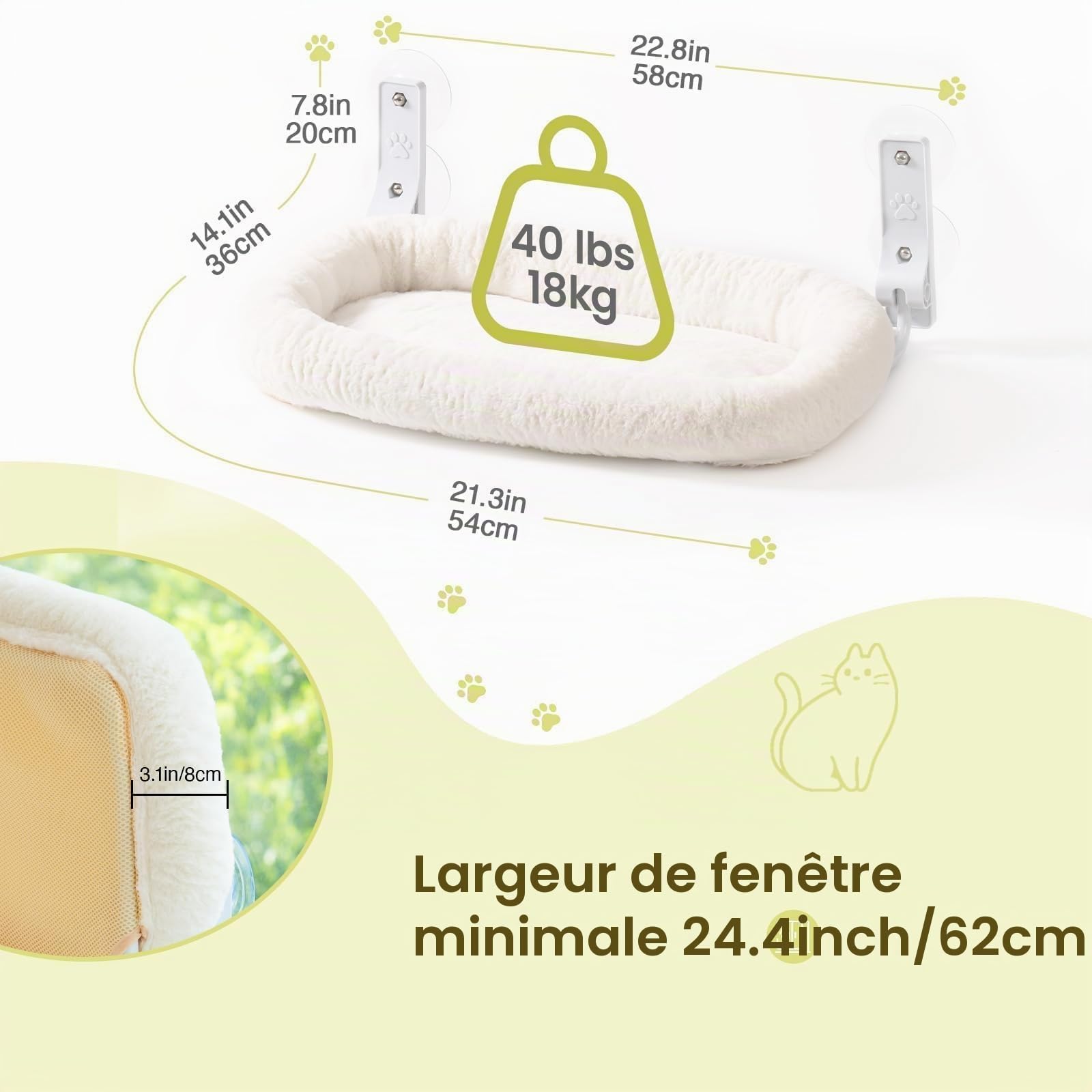 MEWOOFUN Grand Hamac Chat Fenêtre avec Housse Épaisse Amovible - 60x36cm Pliable, Robuste Lit pour Chat avec 4 Ventouses Puissantes jusqu'à 18kg, Blanc