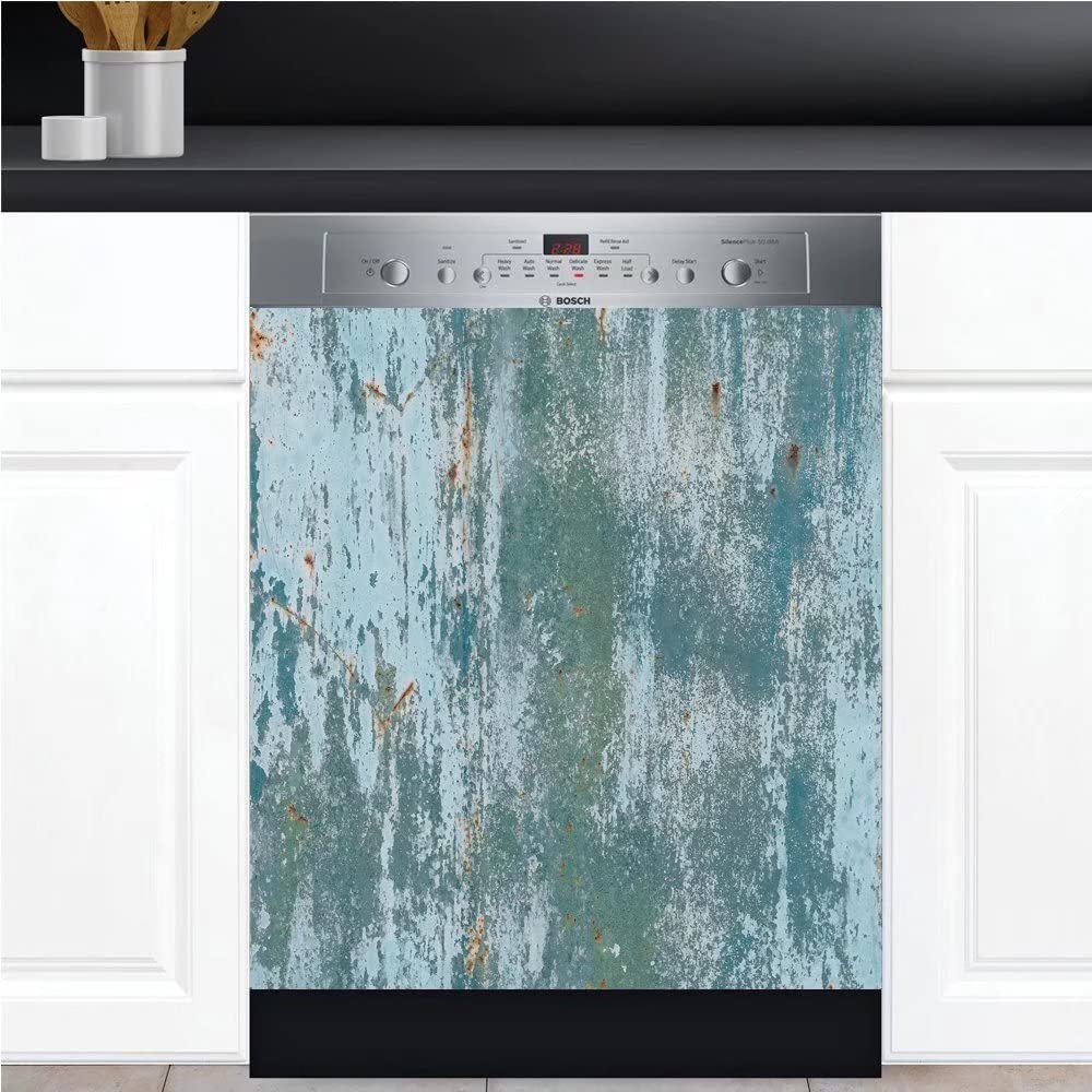 Kitchen Decor Dishwasher Magnet Cover, Dishwasher Decal Vinyl Sticker, Fridge Panel Door Cover Sheet, (Weathered Distressed Steel Print, Magnetic 23" W x 26" H)