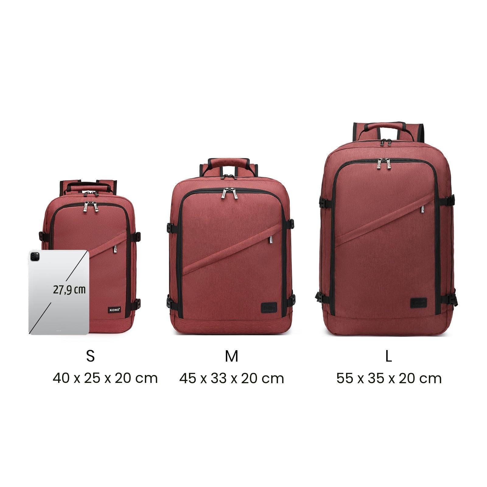 Kono Mochila Cabina 55x35x20cm Bolsa de Viaje Grande Bandolera Portátil 38L (Rojo)
