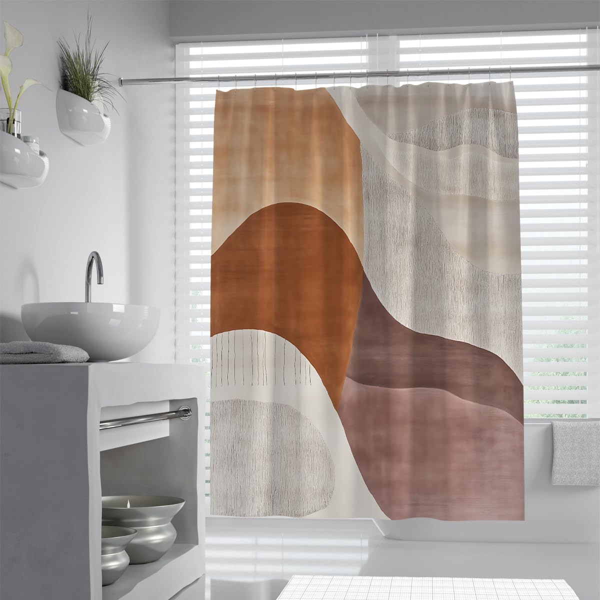 UIRINGART Boho Abstract Landscape Shower Curtain W180xL200cm Mid Century Geometric Earthy Shapes Terracotta Mauve Polyester Mildew Resistant Easy Clean Home Hotel Bathroom Screen With Hook