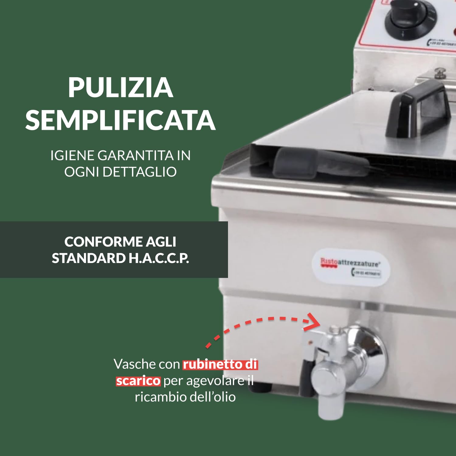 Ristoattrezzature Friggitrice Elettrica Singola Vasca, Professionale in Acciaio Inox - con Rubinetto di Scarico - 16 Litri, Capacità Olio 12 Litri - 220 Volt