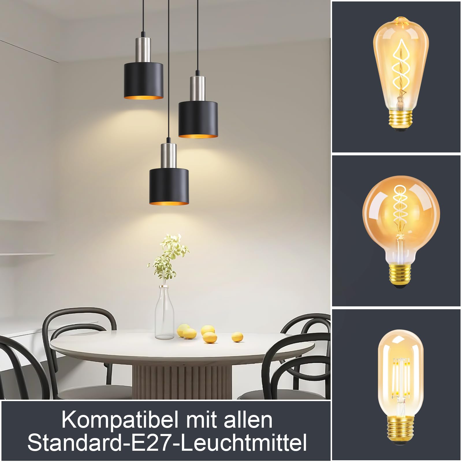 Hängeleuchte Esstisch Pendelleuchte Schwarz - Esszimmerlampe Vintage Hängelampe 3 Flammig E27 Retro Küchenlampe Hängend Gold Kücheninsel Höhenverstellbar Industrielampe Ohne Leuchtmittel