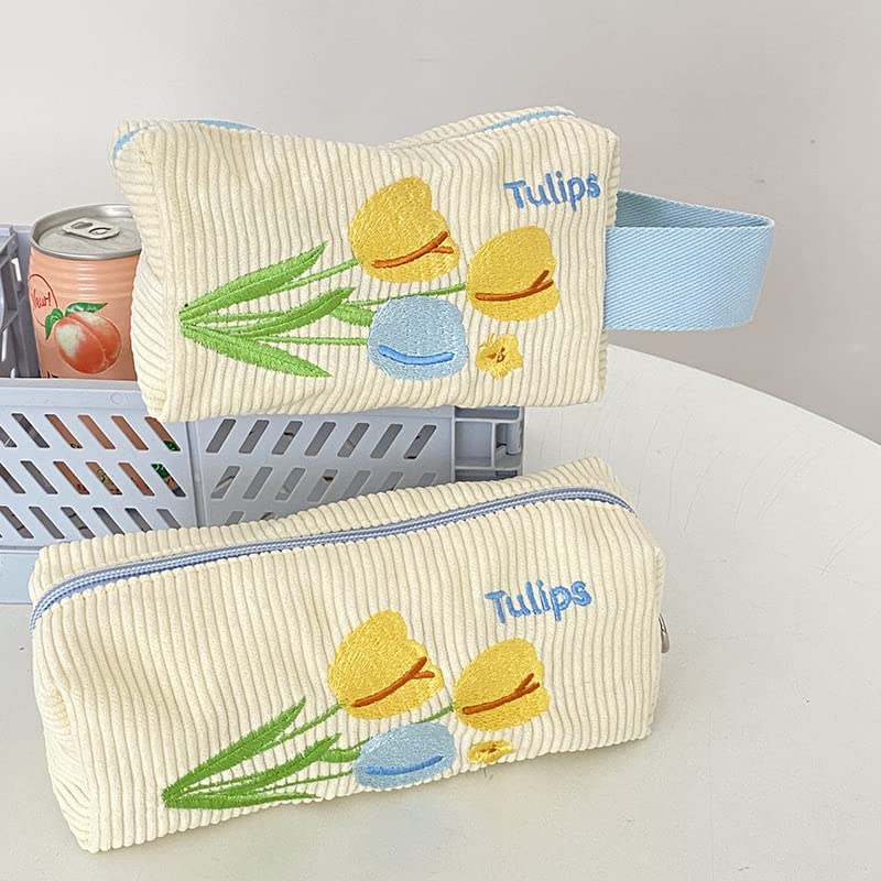 Miniatura 2 de Linda bolsa de maquillaje de pana para viaje, organizador de cosméticos, bolsa de aseo estética, tulipanes con portátil, para mujer (Tulip con