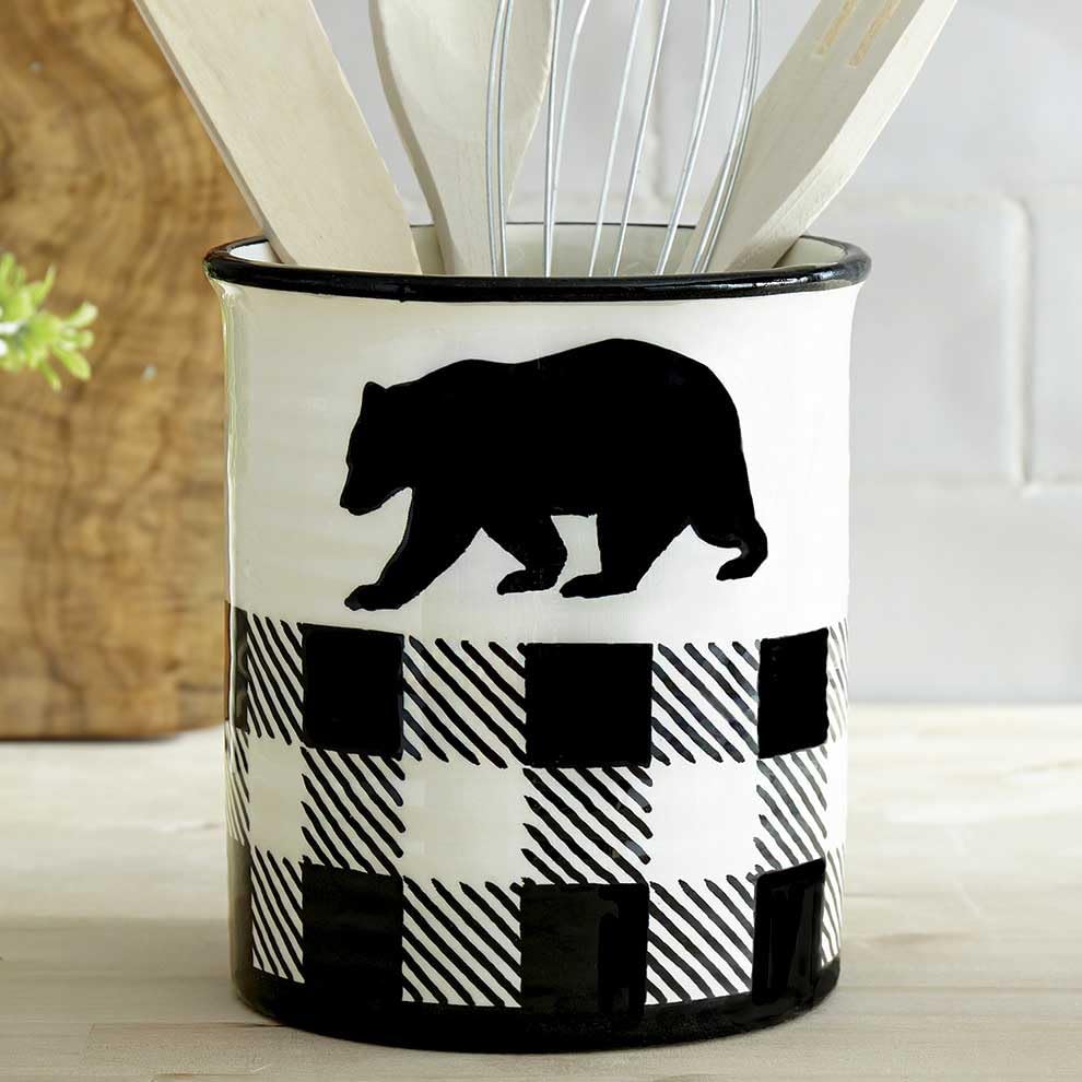 BLACK FOREST DECOR Bear Plaid Ceramic Utensil Holder