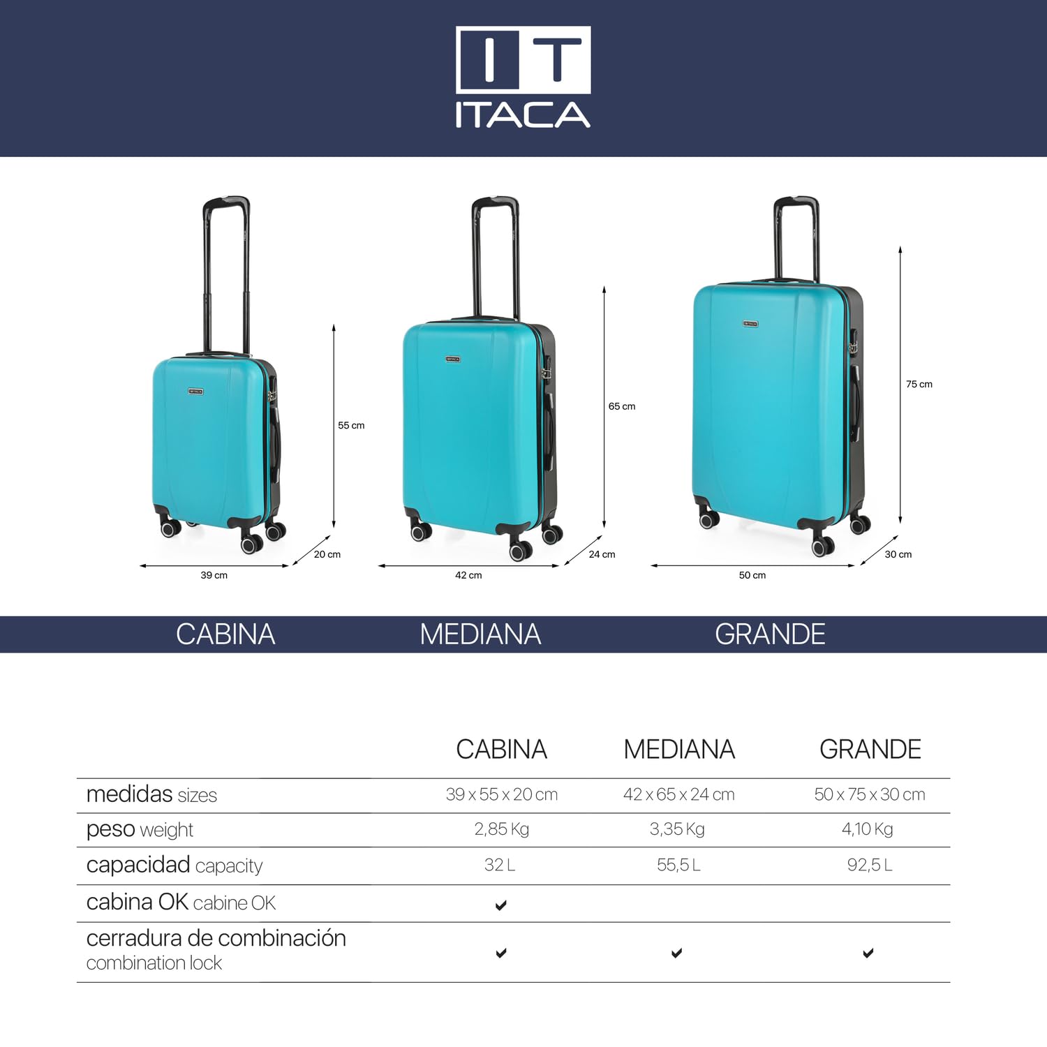 ITACA - Maleta Mediana con 4 Ruedas Giratorias para Viajes Largos Tipo Trolley Ideal como Maletas de Viaje Grandes 23 Kilos y Maleta Viaje Mediana Resistentes, Turquesa-Antracita
