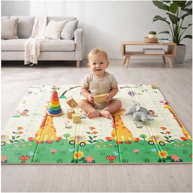 Reznor Extra Large Portable 6mm Baby Play Mat 1500 x 1200 mm, Foam Foldable Floor Crawling Mat with Reversible Double-Sided Patterns, Waterproof Anti-Slip (Giraffe Urban City)