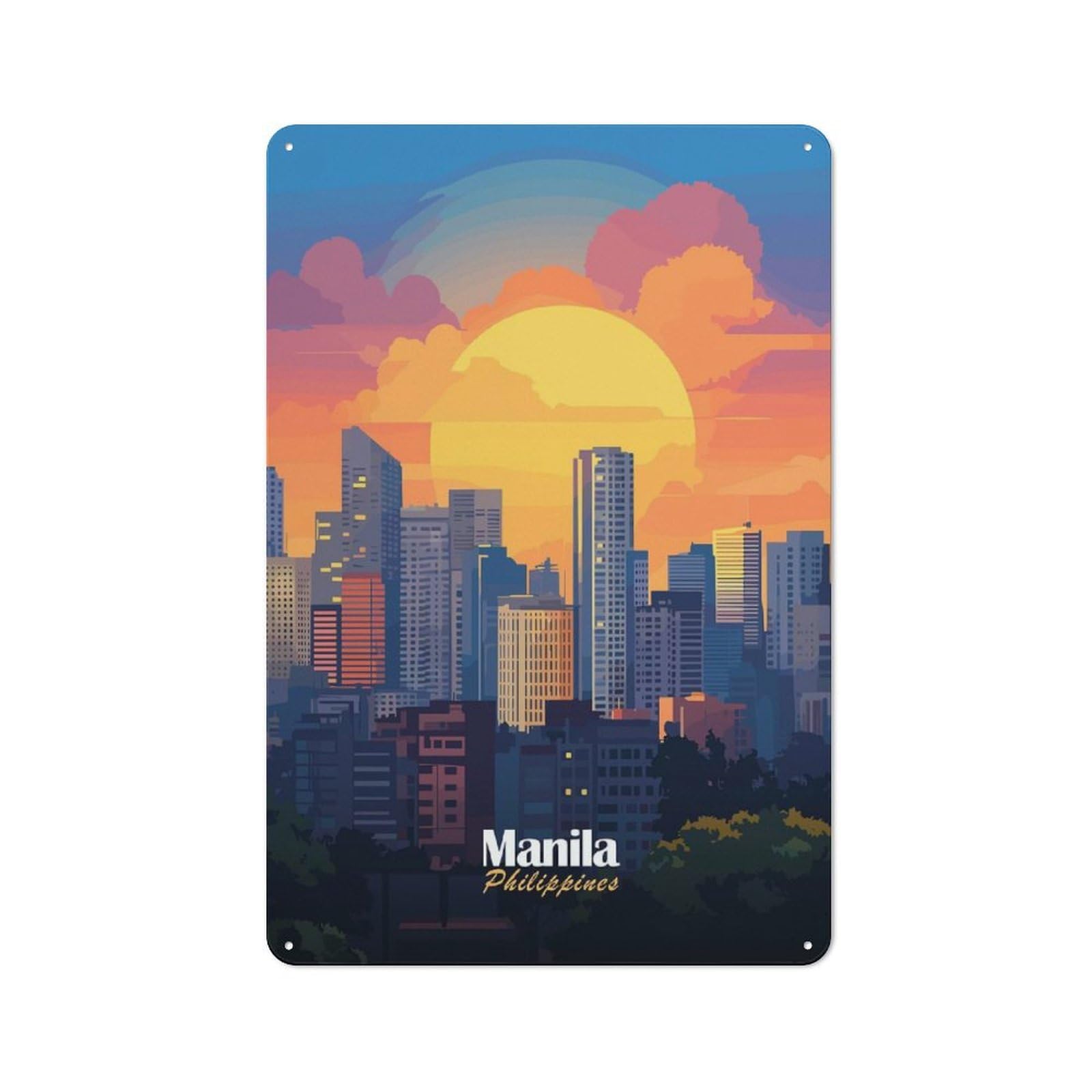 Junmoney Style-23 Bistro Style Bistro Metal Sign 30X20cm Featuring Manila Skyline Sunset, Shop Wall Decor For Takeaway, Bar, Kitchen Or Counter Area