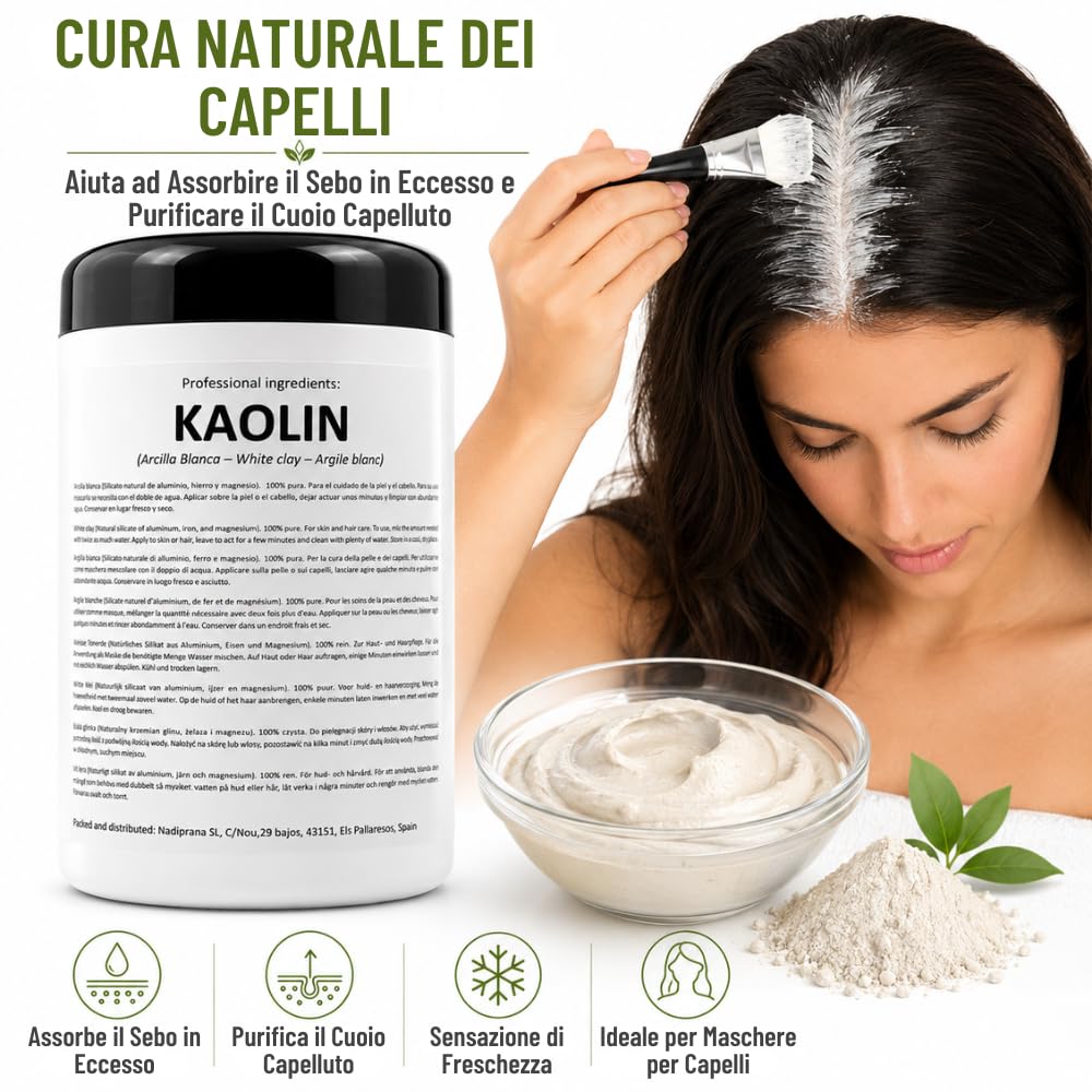 Argilla Bianca di Kaolin | 500 gr | Per la Cura della Pelle e dei Capelli | Esfoliante e Lenitivo | Ringiovanisce, calma e ammorbidisce la pelle