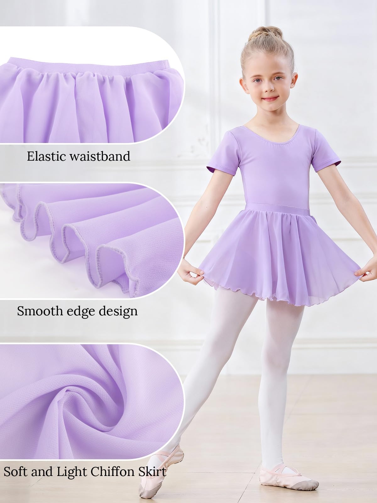 Body da danza per ragazze, a maniche corte, in cotone, con gonna rimovibile in chiffon, per bambini dai 3 agli 11 anni