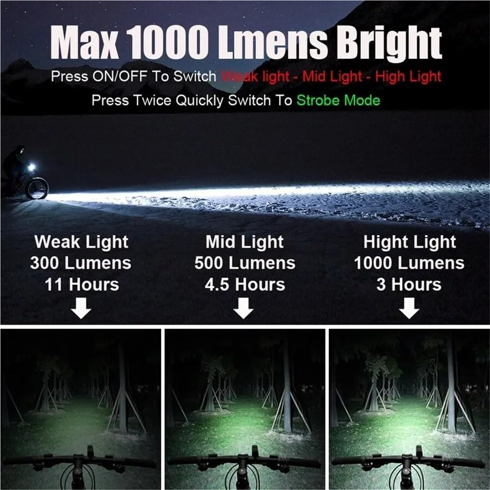 Torcia elettrica da 1000 lumen for bicicletta USB Set di luci anteriori e posteriori for bici Faro MTB antipioggia Lampada da ciclismo da 4800 mAh(520 set 2)