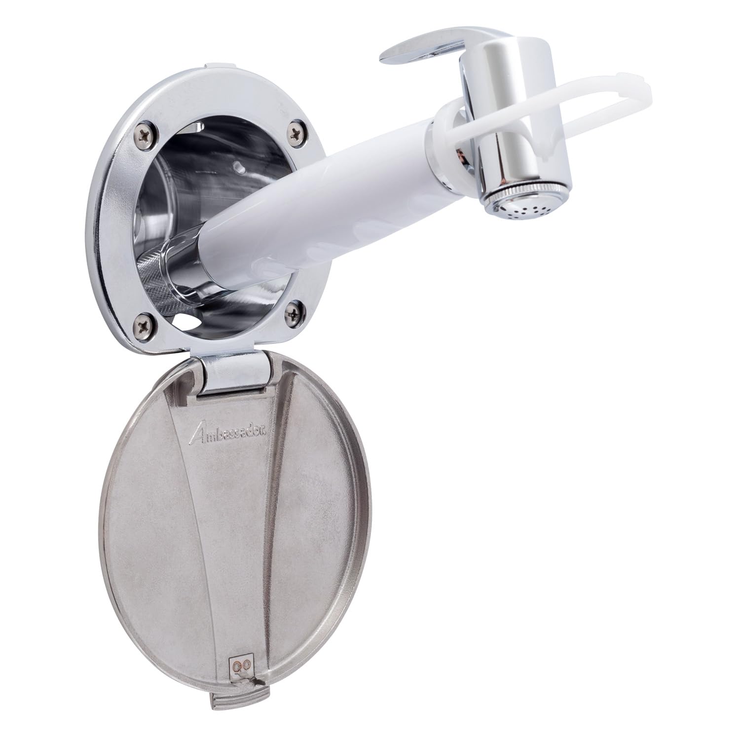 Recessed Shower- Chrome Cup with Stainless Steel Lid, Hammer-Head Arctic White Sprayer, 6' White Rubber Hose - 136-0042-CA-W