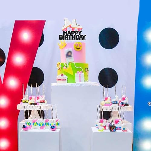 Miniatura 5 de Decoración blanca para pastel de cumpleaños con temática de patinaje sobre ruedas de neón, decoración de fiesta temática de rock retro para niños o
