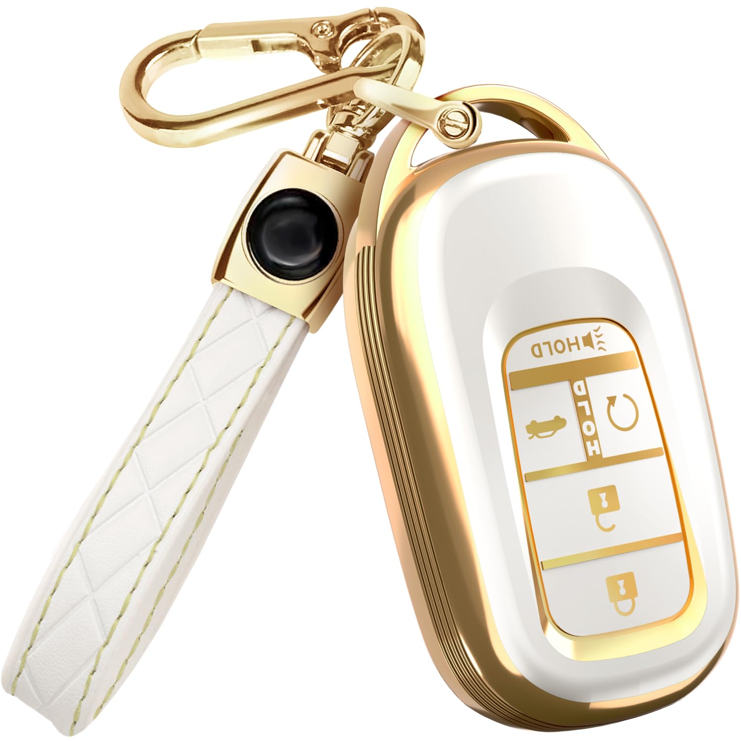 Photo 1 of Lucrum Compatible with Honda Key Fob Cover & Leather Keychain - TPU Keyfob Case for Accord Civic CR-V HR-V Pilot Ridgeline, For 5 Button Remote (2022-2026) - White and Gold