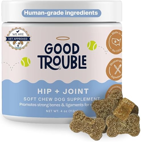 Good Trouble Pets - Suplemento de cadera y articulaciones para perros, sabor a tocino y pollo, 30 masticables - Mejora la salud de las