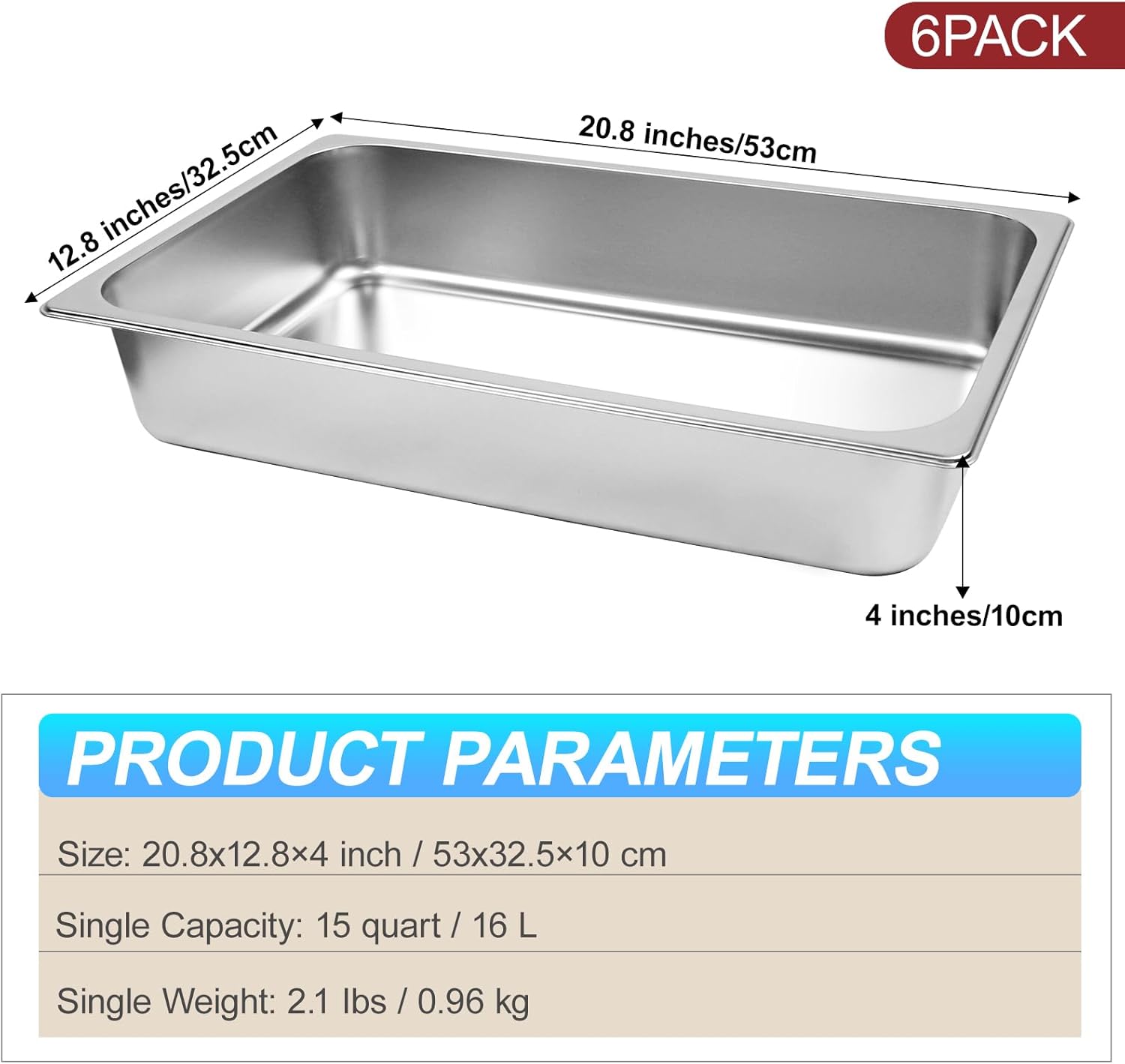 6 Pack Hotel Pans, 1/1 Size 4" Deep Stainless Steel Trays for Food, 20.8" L x 13" W Catering Food Pan Commercial Table Pan for Hotel, Restaurant, Buffet, Party Supplies