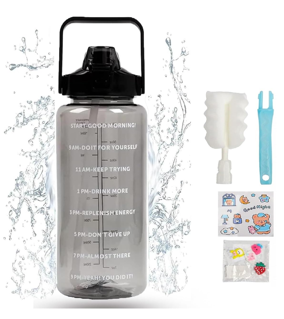 TRK hub® 2 L Capacity Water Bottle Belt Straw Transparent bottle 2000 ml Bottle 3D Stickers for GYM, Yoga, Office, Sports (Pack of 1, Silicone) (Transparent bottle) (Black) (B0CTC7DMTK) Amazon Price History, Amazon Price Tracker