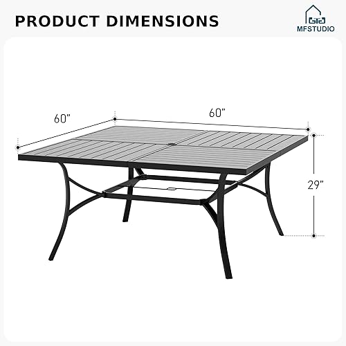 Miniatura 2 de MFSTUDIO Mesa de comedor cuadrada de metal de 60 pulgadas, muebles de patio grande para 8 personas con agujero ajustable para sombrilla para