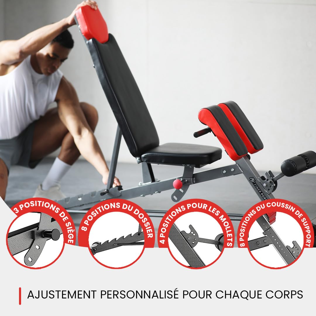 Finer Form Banc multifonction pour entraînement complet - tout-en-un - Extension lombaire, Chaise romaine, Banc de sit-up réglable - Incliné, plat et décliné - avec haltères ou pour développé couché