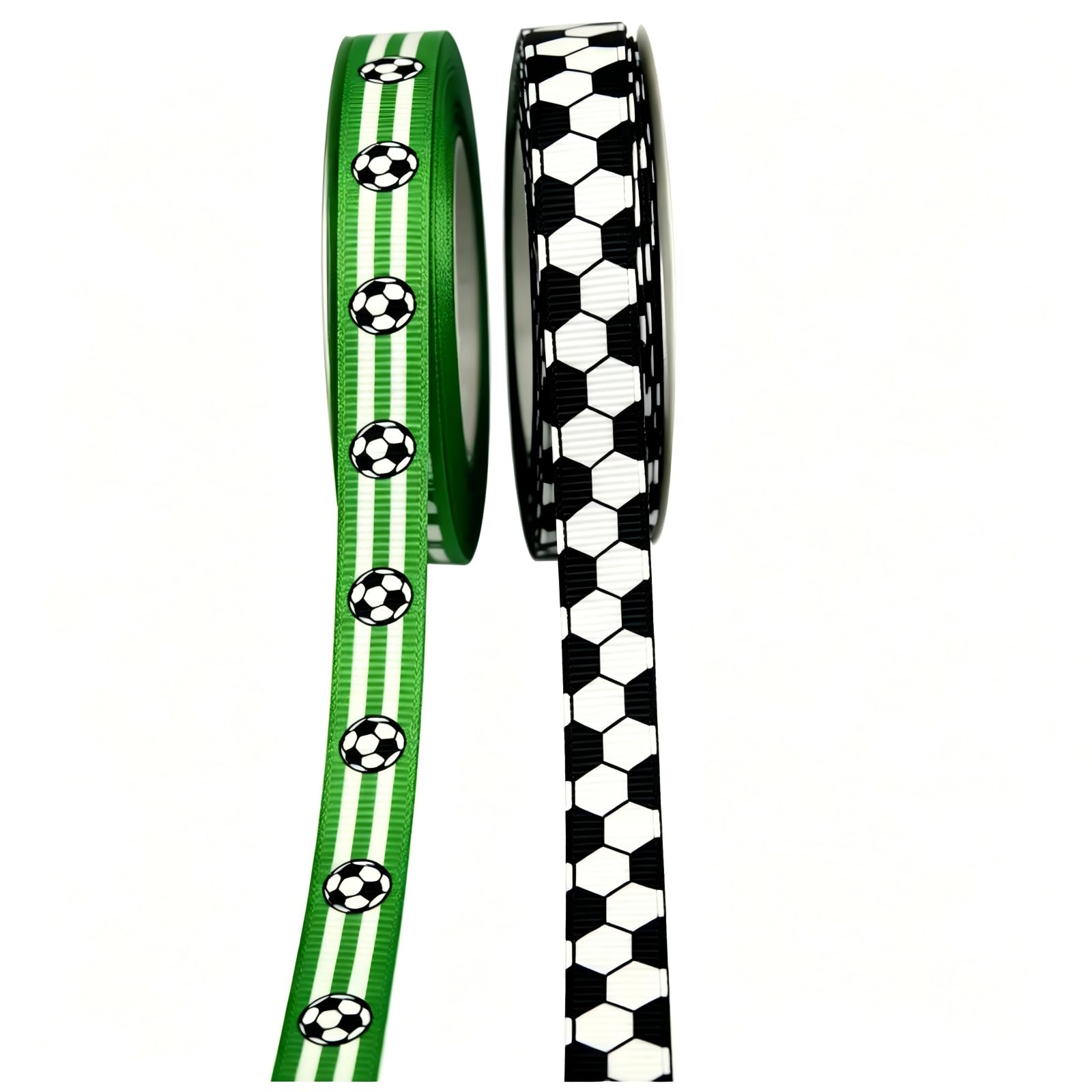 2 Rolls Football Gift Wrapping Ribbon, 5 Yard Football Ribbon Green White Striped Black Soccer Grosgrain Ribbons 1cm Wide Crafting Ribbons for Footballgame Party Cake Wreath Present Wrap Hair Bows