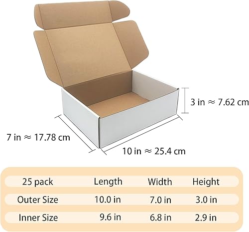 Miniatura 7 de Juego de 25 cajas de envío de 10 x 7 x 3 pulgadas, cajas de cartón corrugado blanco para enviar literatura, envíos de pequeñas empresas, embalaje,