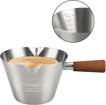 Mongdio Espresso Measuring Cup, Stainless Steel Espresso Shot Cups with Wooden Handle and Double Spouts, 6.8OZ/200ML, Silver