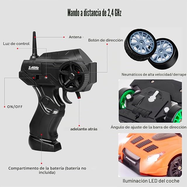 Foto 6 de 6 de Siereolly Coche de derrape teledirigido a escala 1:24, 2,4 GHz, 15 km/h, tracción en las 4 ruedas