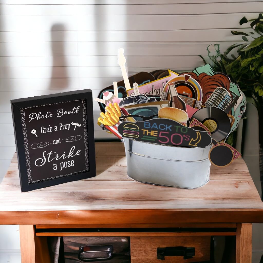 Accesorios para fotomatón de los años 50, kit de 41 piezas para fotomatón con letrero de 8 x 10 pulgadas, 60 almohadillas adhesivas, 45 palos, decoraciones de fiesta Sock Hop, accesorios para