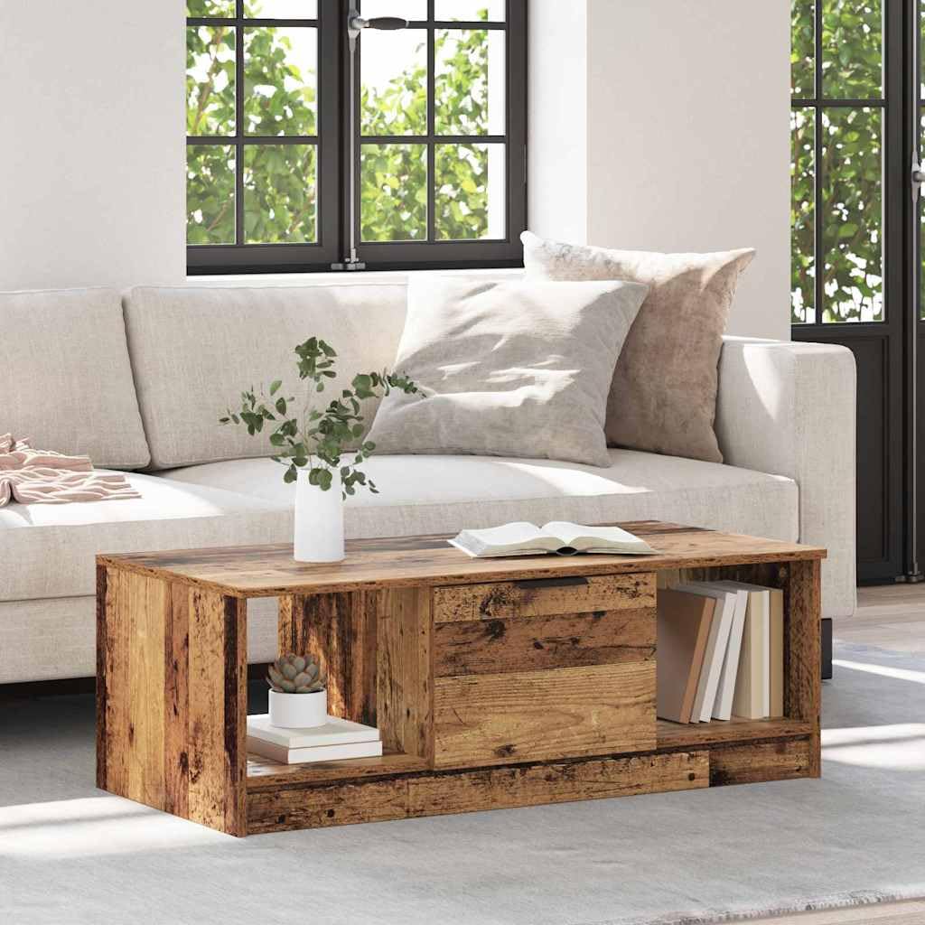Mesa de centro con cajones de madera recuperada de 102 x 50 x 36 cm, mesa de salón con espacio de almacenamiento y estante, mesa auxiliar moderna para salón y sofá