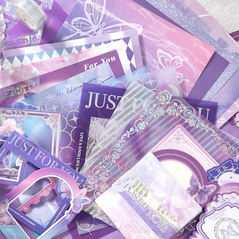 Image of ATIRAMANIYA Vintage Aesthetic Scrapbook Kit(346Pcs) Scrapbooking Supplies Kit with Bullet Junk Journal,Stationery,A6 Grid Notebook Journaling Gift for Girl (Purple Butterfly Book)