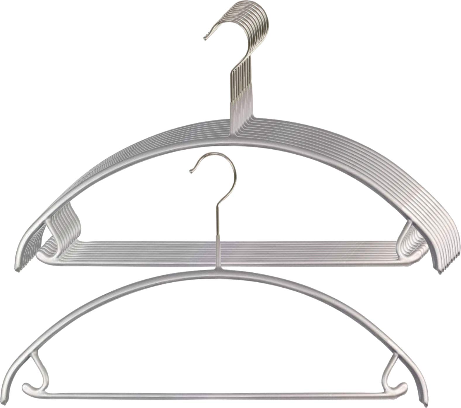 MAWA Perchas Universales, Set de 10 Piezas, Ahorran Espacio, con Gancho para Falda y Barra, para Camisetas, Pantalones, Faldas y Tops, Giratorias 360°, con Revestimiento Antideslizante, 42 cm, Plata