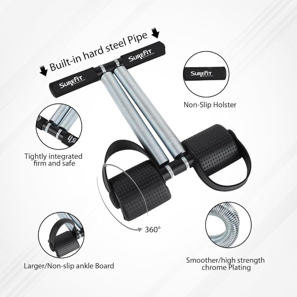 SUREFIT Double Spring Tummy Trimmer Heavy Duty Dual Spring with Non-Slip Foot Pedal for Abs Workout Black Standard Size 3
