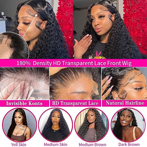 Image of Hswpawk Lace Front Wigs Human Hair Pre Plucked 180% Density 13x6 Deep Wave Wigs Human Hair Glueless Wigs for Women Curly Wigs HD Transparent Lace Frontal Wigs Natural Color 22 Inch