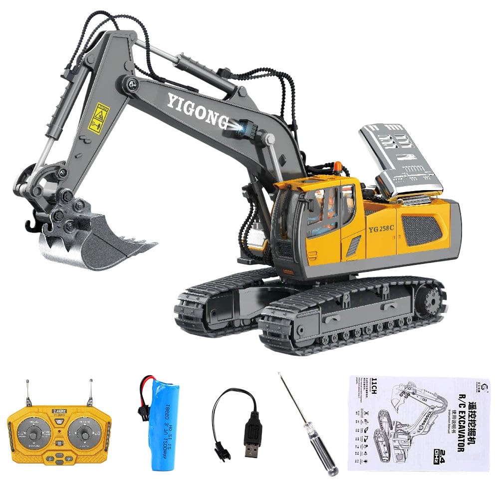Generico Escavatore Telecomandato Bambini con Pala in Metallo – 11 Canali, Luci e Suoni Realistici, Giocattolo Cantiere RC Resistente – Regalo per Bambini 6 7 8 9 10 Anni - Giallo