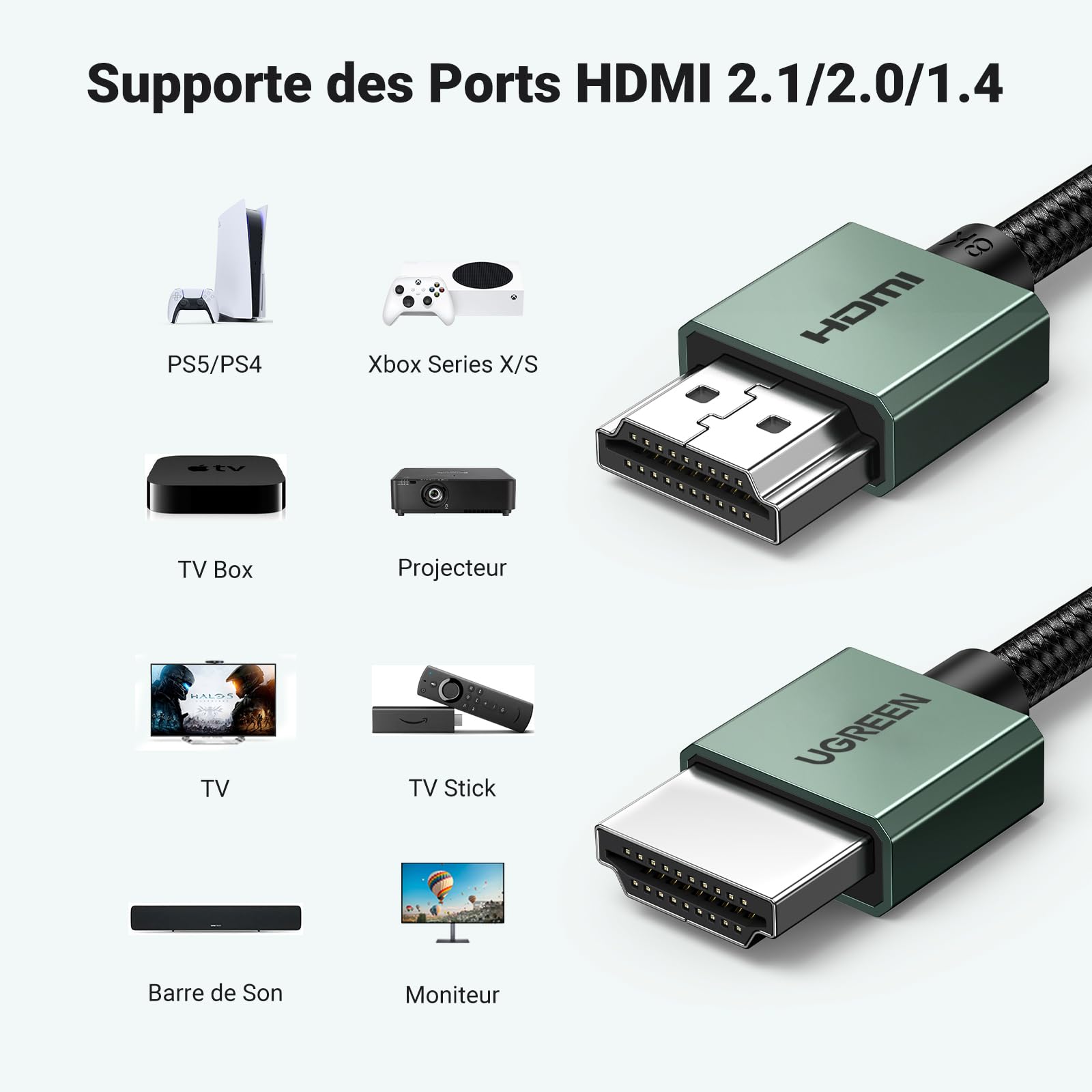 UGREEN Câble HDMI 2.1 Certifié 8K 60Hz 4K 240Hz 48Gbps Aluminium 2M