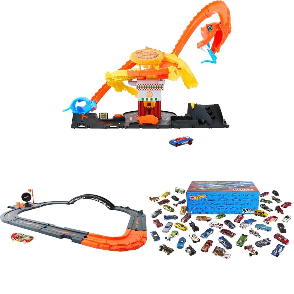 Bundle of Hot Wheels City Pizza Slam Cobra Attack, Spiral Track, Toy Vehicle + City Track Pack, 10 Component Parts, Toy Vehicle + 50 Toy Trucks & Cars, 1:64 Scale (Styles May Vary) (Amazon Exclusive)