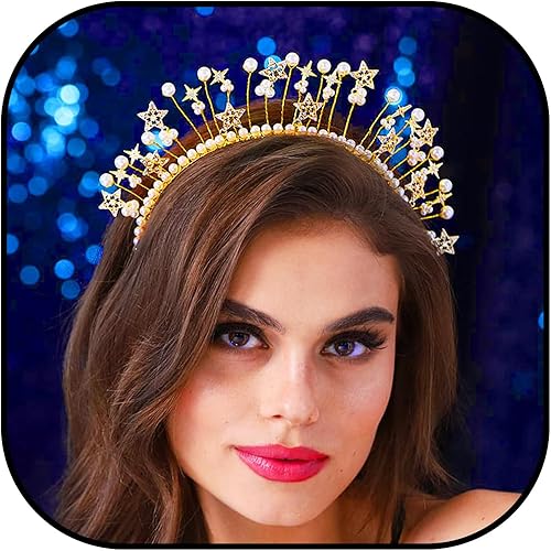 Miniatura 1 de Urieo Corona con halo de estrellas, perlas doradas, diadema de diosa, tiara fina de cristal, accesorios para el cabello hechos a mano para mujeres