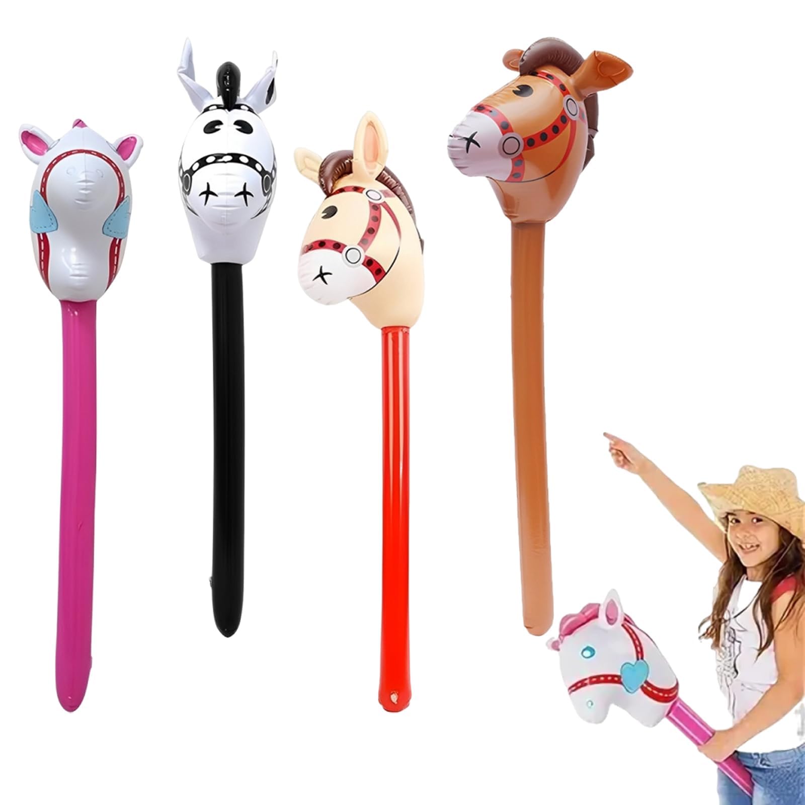4 Pcs Inflatable Horse, Hobby Horse, 37 Inch Inflatable Horse Stick, Blow Up Horse, Easy to Inflate for Prop Themed Birthday Parties, Outdoor Games, Party Games, and Decorations (4 Colour)
