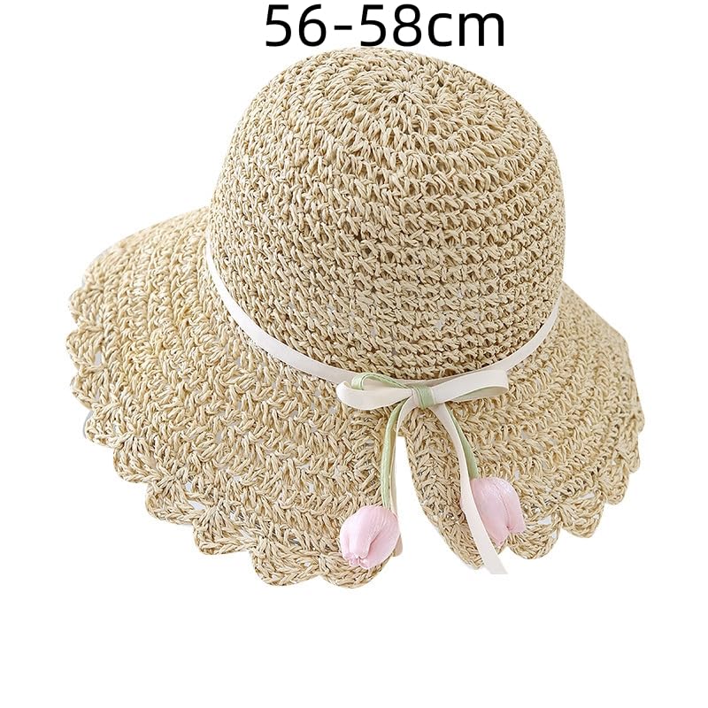 Sombrero de Paja para Mujer,ala Ancha,con Decoración de Tulipanes,Plegable,Flexible,para Playa,para Viajes,Vacaciones de Verano,Suave,Ligero y Transpirable
