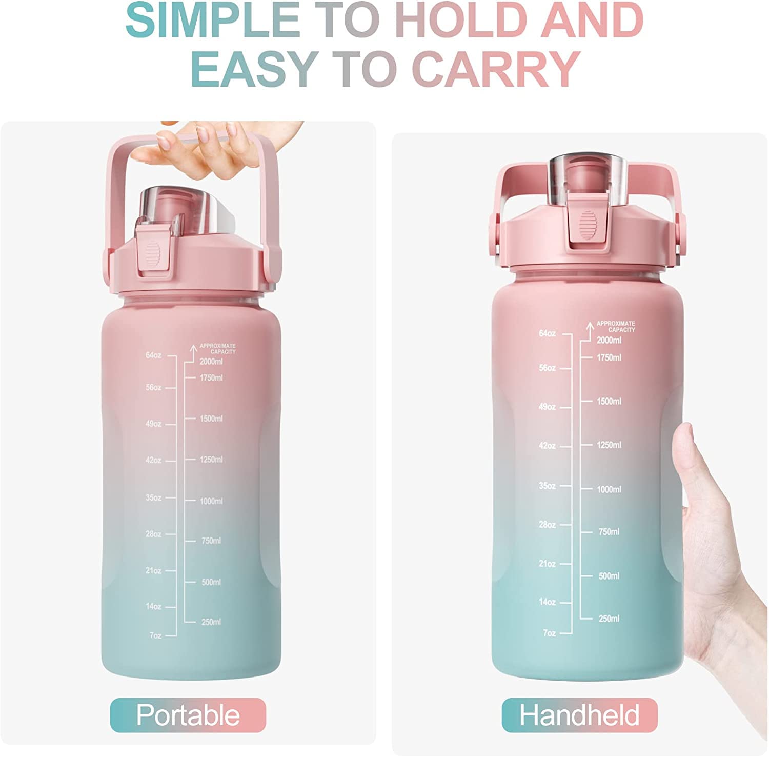 Uootach Borraccia con Cannuccia 2 Litro Borraccia sportiva, Indici di ispirazione con graduazioni, Senza BPA, Bottiglia adatto per sport, perdita di peso, fitness, outdoor, escursionismo(rosa)
